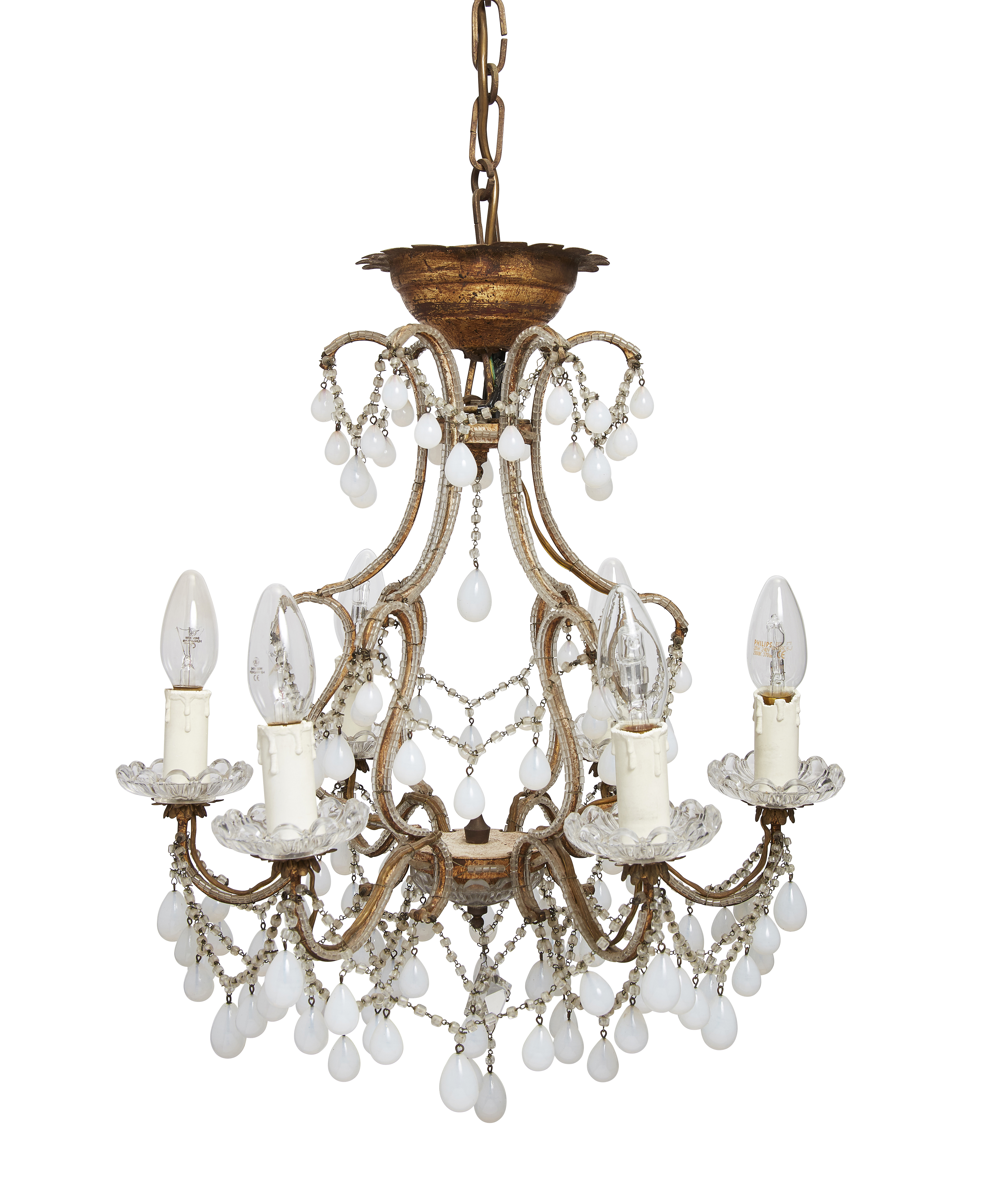 A French gilt metal and glass opaline glass six-light chandelier, late 19th century, with beaded ...