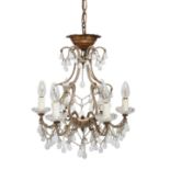 A French gilt metal and glass opaline glass six-light chandelier, late 19th century, with beaded ...