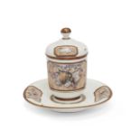 A Fulda porcelain coffee or hot chocolate cup and cover with stand, c.1785, blue crowned FF marks...