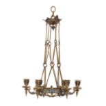 A French gilt-bronze and cloisonné enamel six-light chandelier, c.1880, in the manner of Barbedie...