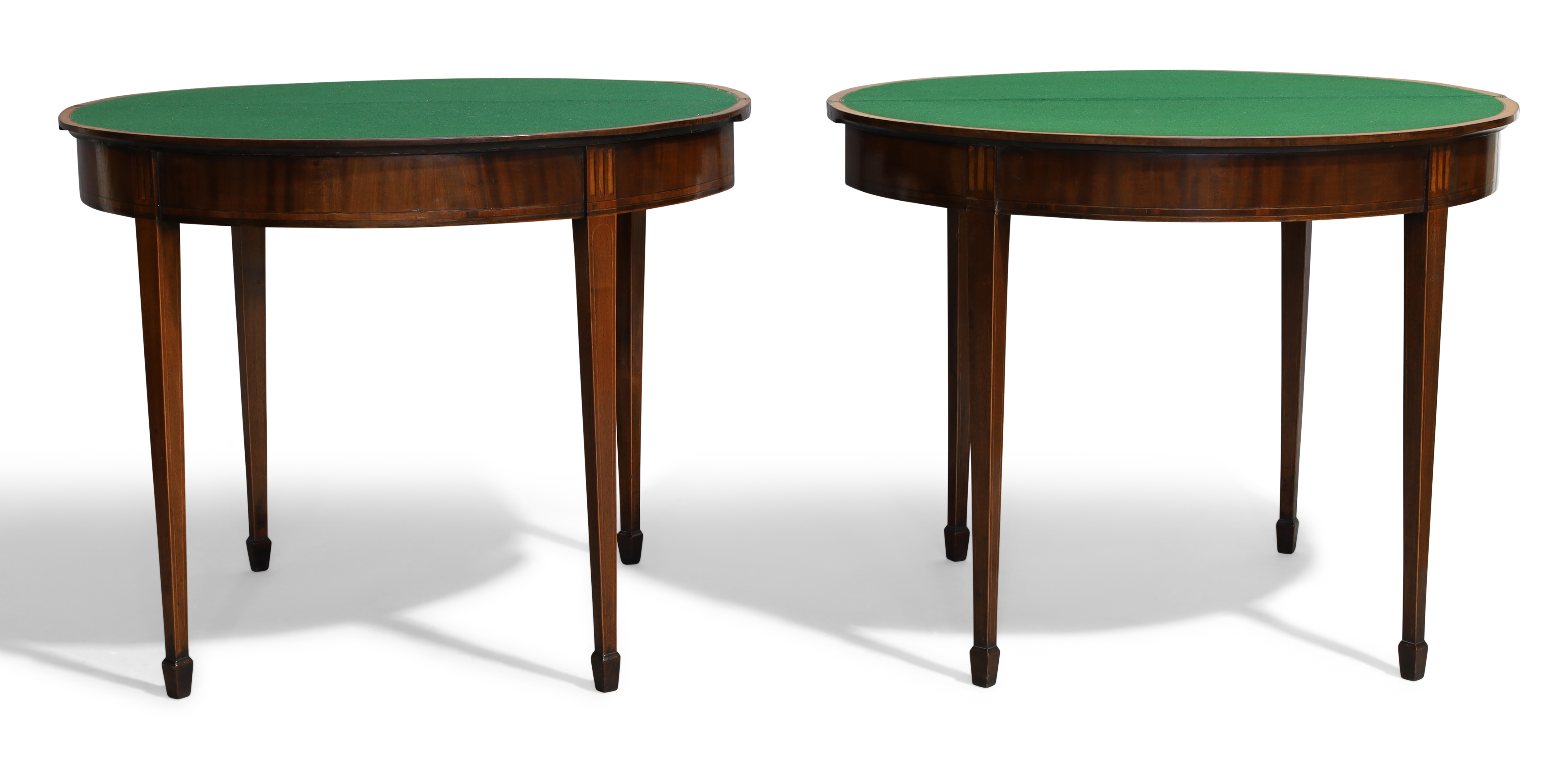 A pair of George III mahogany and satinwood crossbanded demi-lune card tables - Image 3 of 5