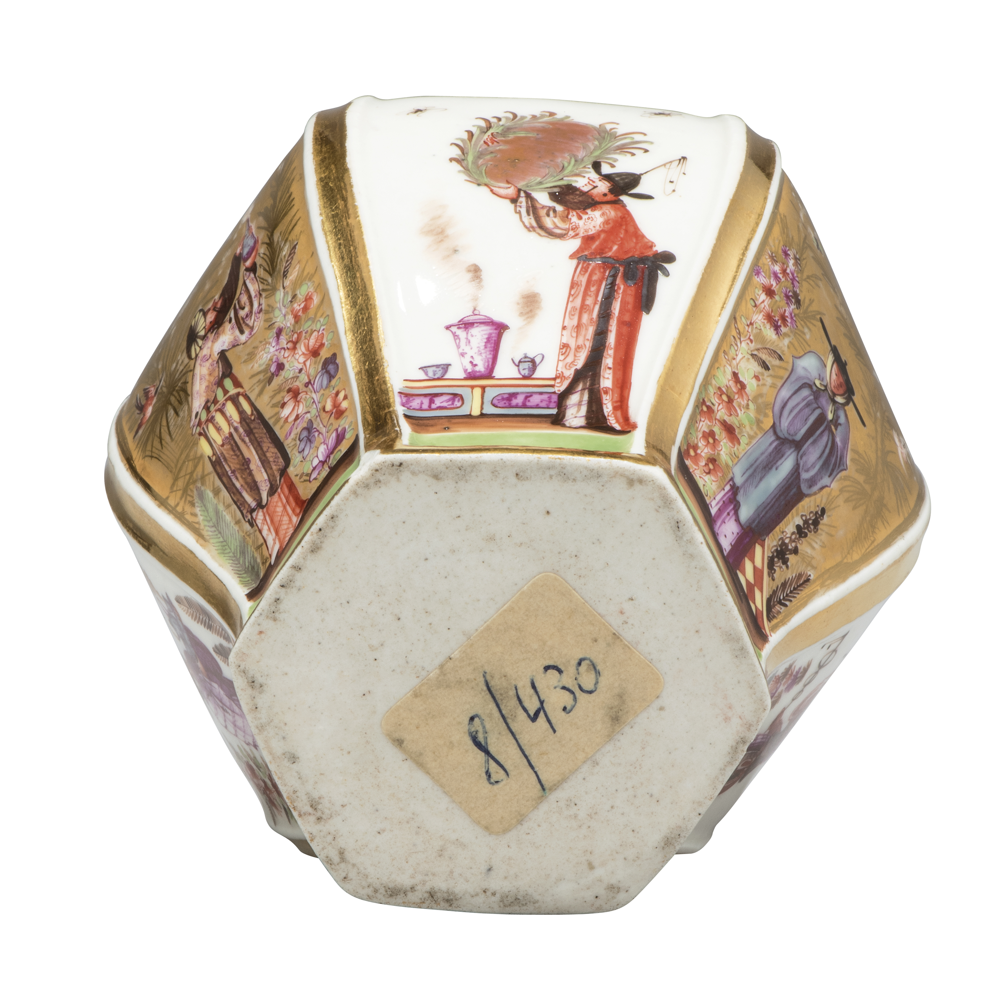 A Meissen porcelain hexagonal chinoiserie tea caddy and cover, probably c.1728, finely painted wi... - Image 3 of 5