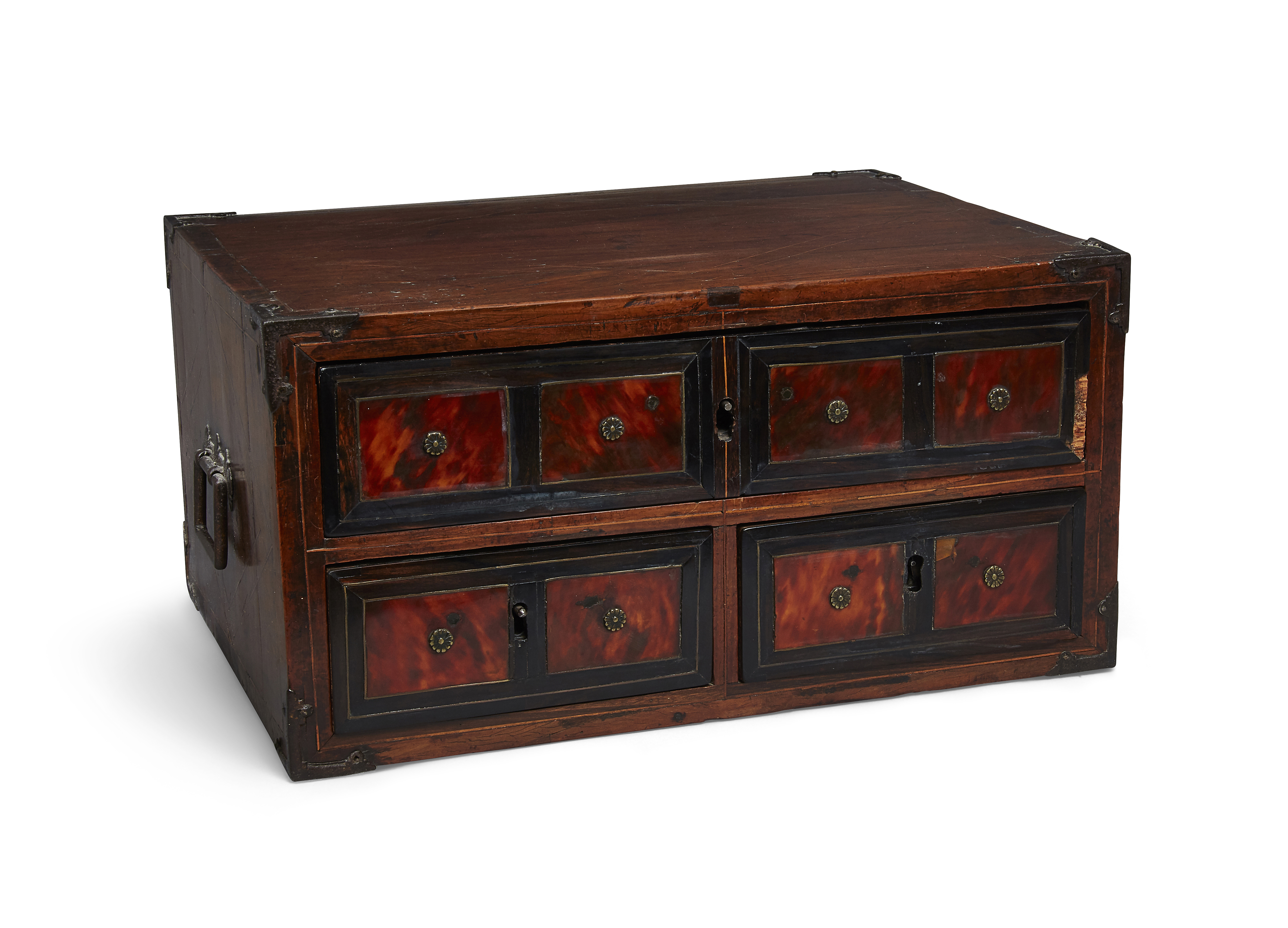 A Flemish walnut, tortoiseshell and line inlay table top cabinet, constructed from late 17th cent...