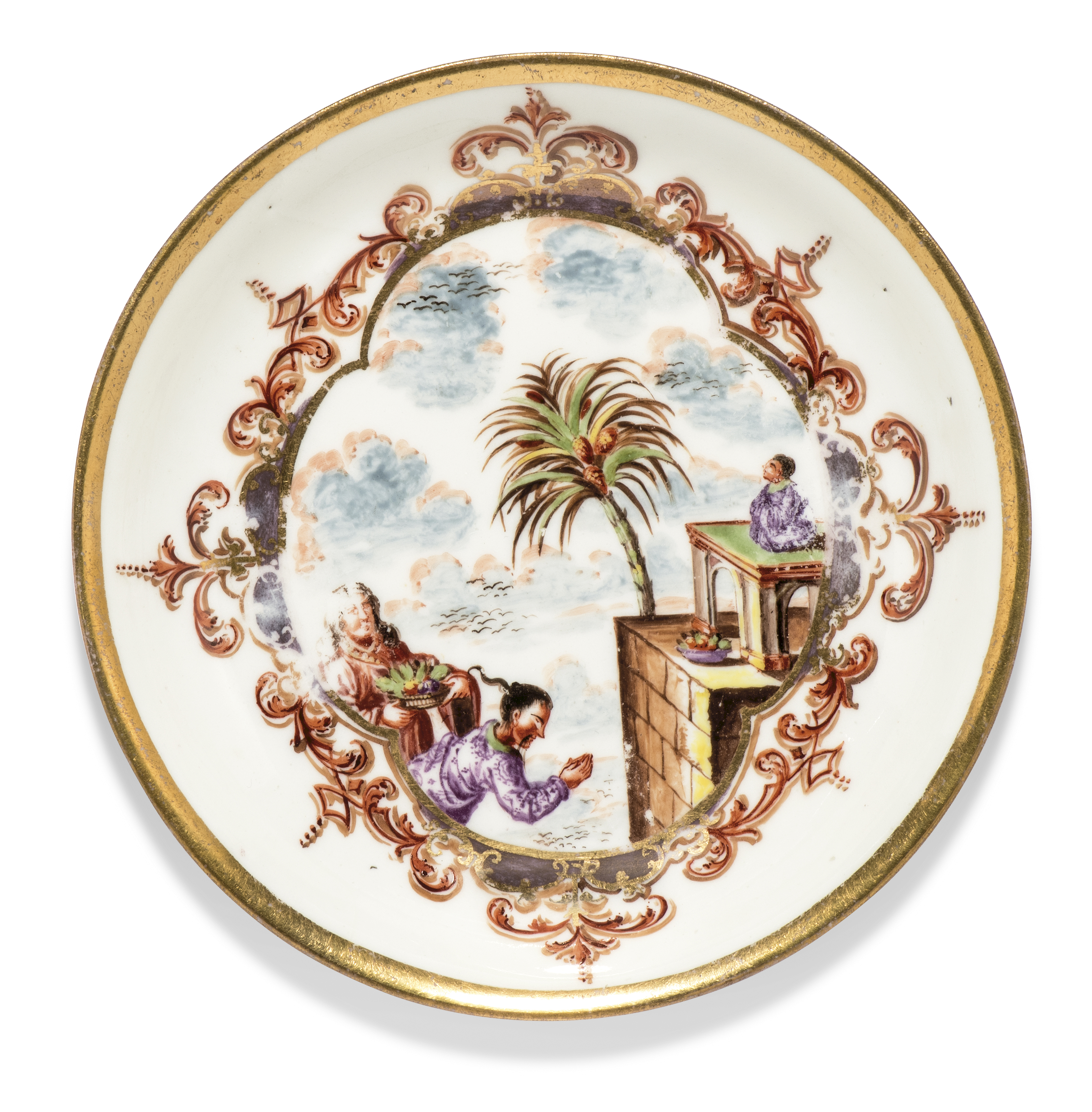 A Meissen porcelain chinoiserie saucer, c.1723-24, painted with two figures worshiping an idol on...