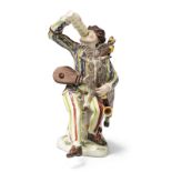 A Höchst porcelain figure of Harlequin with a Passglas from the Commedia dellArte, c.1750-55, inc...