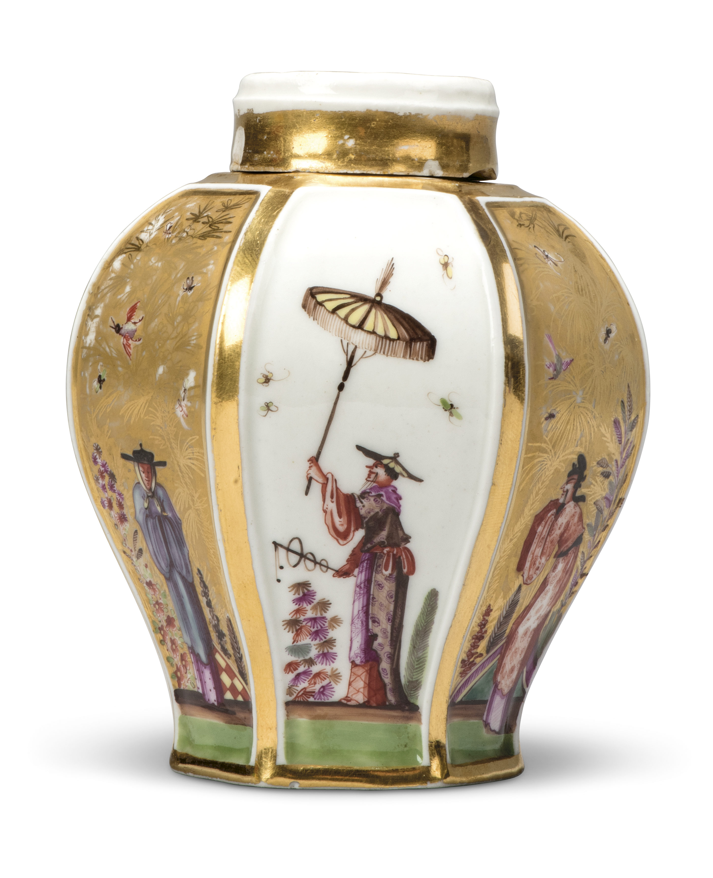 A Meissen porcelain hexagonal chinoiserie tea caddy and cover, probably c.1728, finely painted wi...