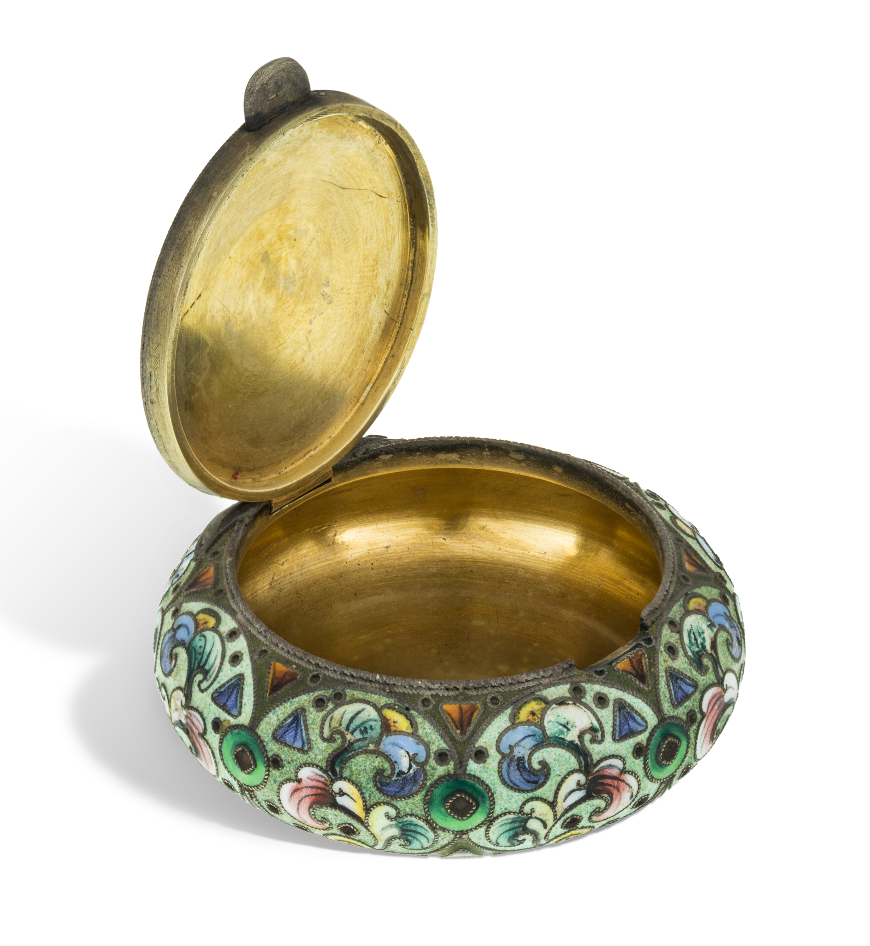 A Russian cloisonne enamel snuff box, Moscow, 1908-1926, 6th Artel, 84 standard, of circular form... - Image 2 of 2