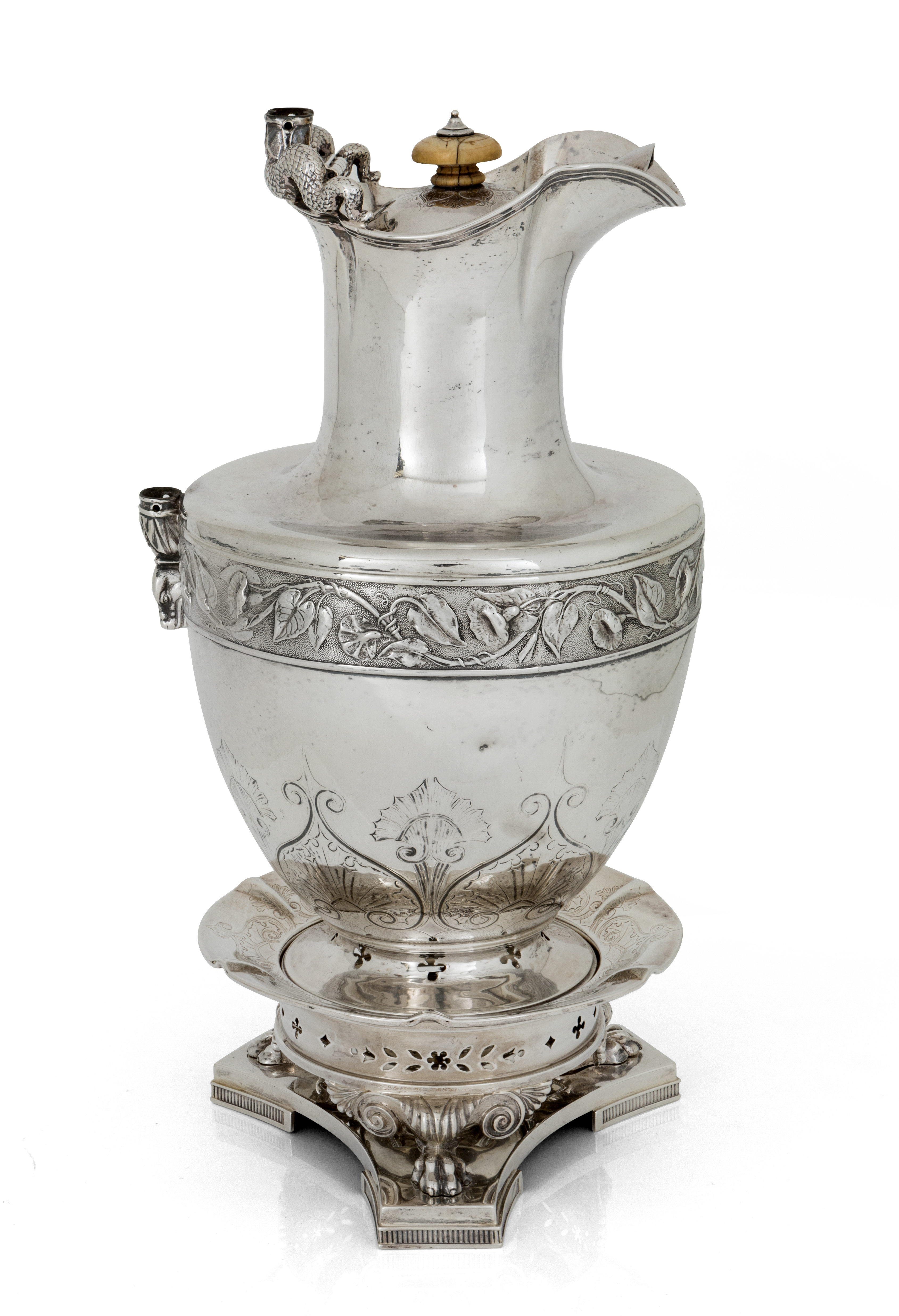 A William IV silver coffee-jug, stand and burner, London, 1836, William Bateman II, the jug raise...
