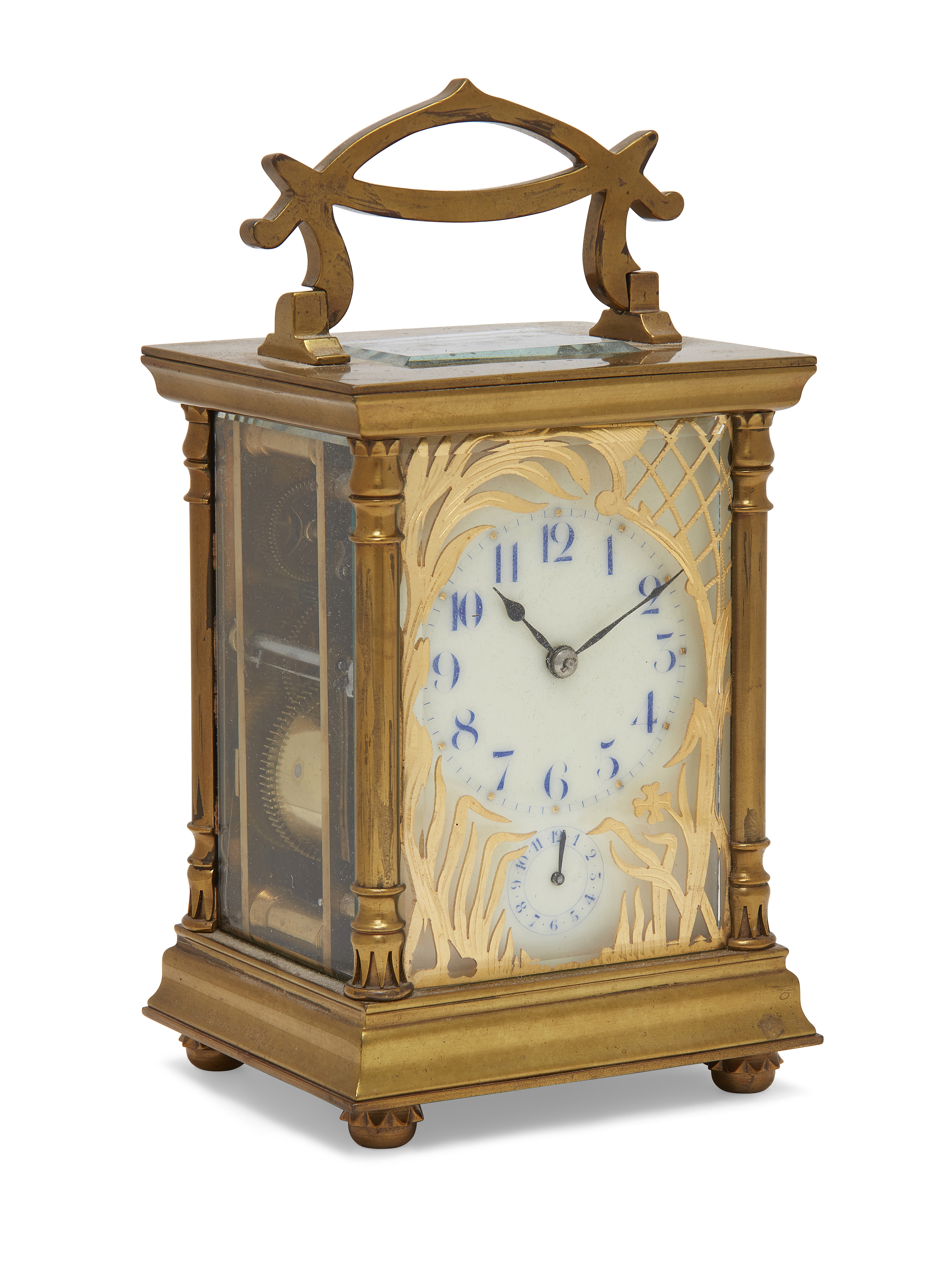 A French gilt-brass carriage clock, late 19th / early 20th century, the gilt-brass case with swin...