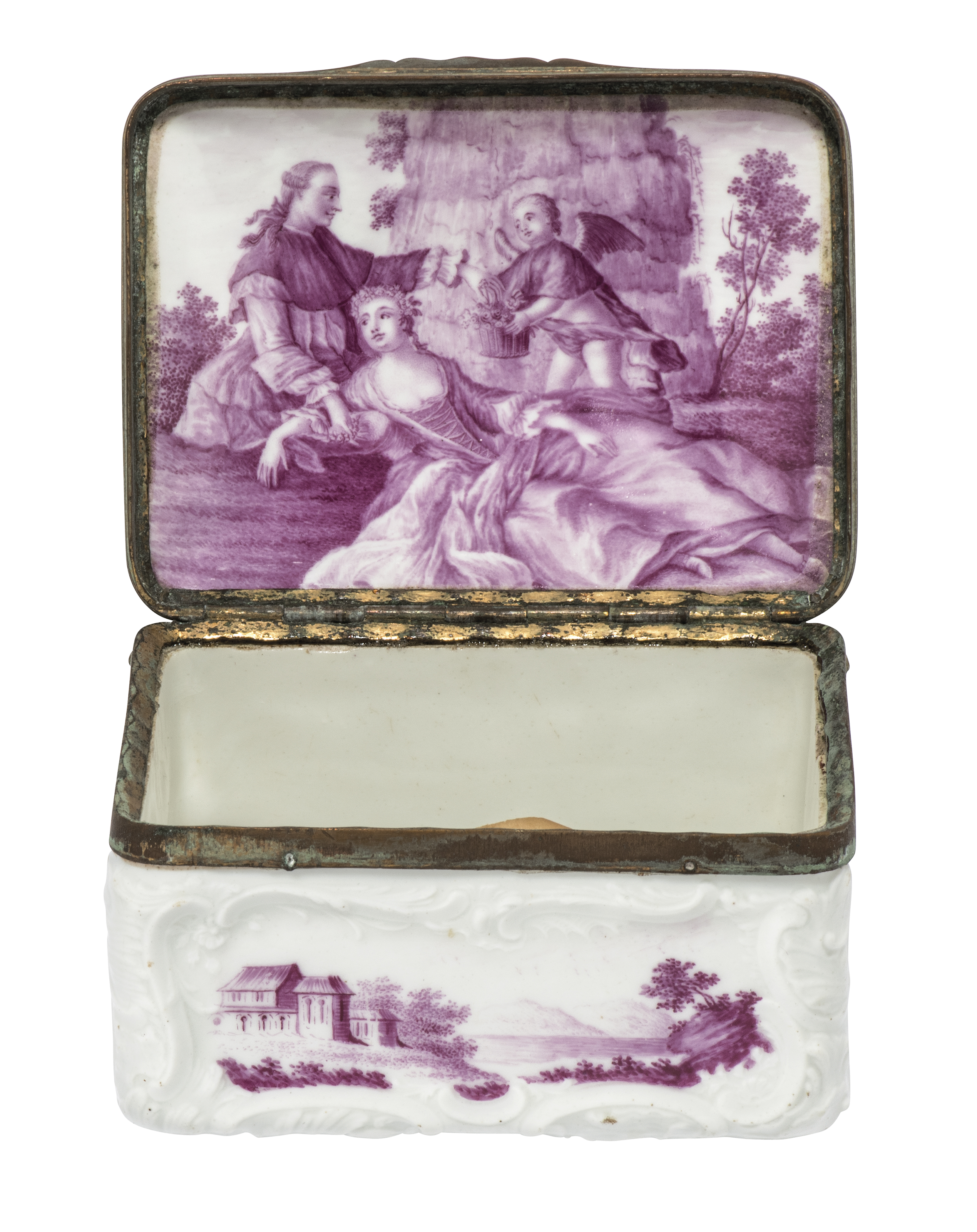 A German porcelain copper-gilt mounted rectangular snuff-box and cover, possibly Fürstenberg, c.1... - Image 4 of 5