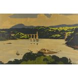 Norman Wilkinson, British 1878-1971,  Menai Straits from the Tubular Bridge; lithograph in colo...