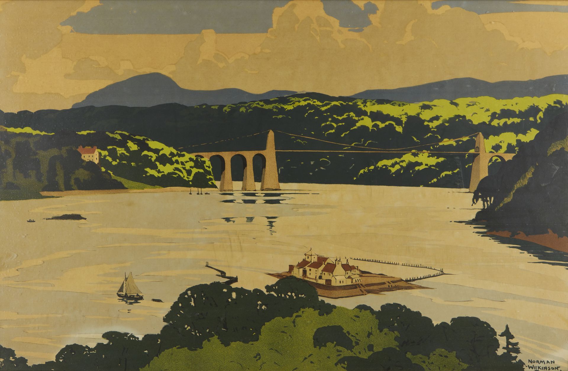 Norman Wilkinson, British 1878-1971,  Menai Straits from the Tubular Bridge; lithograph in colo...