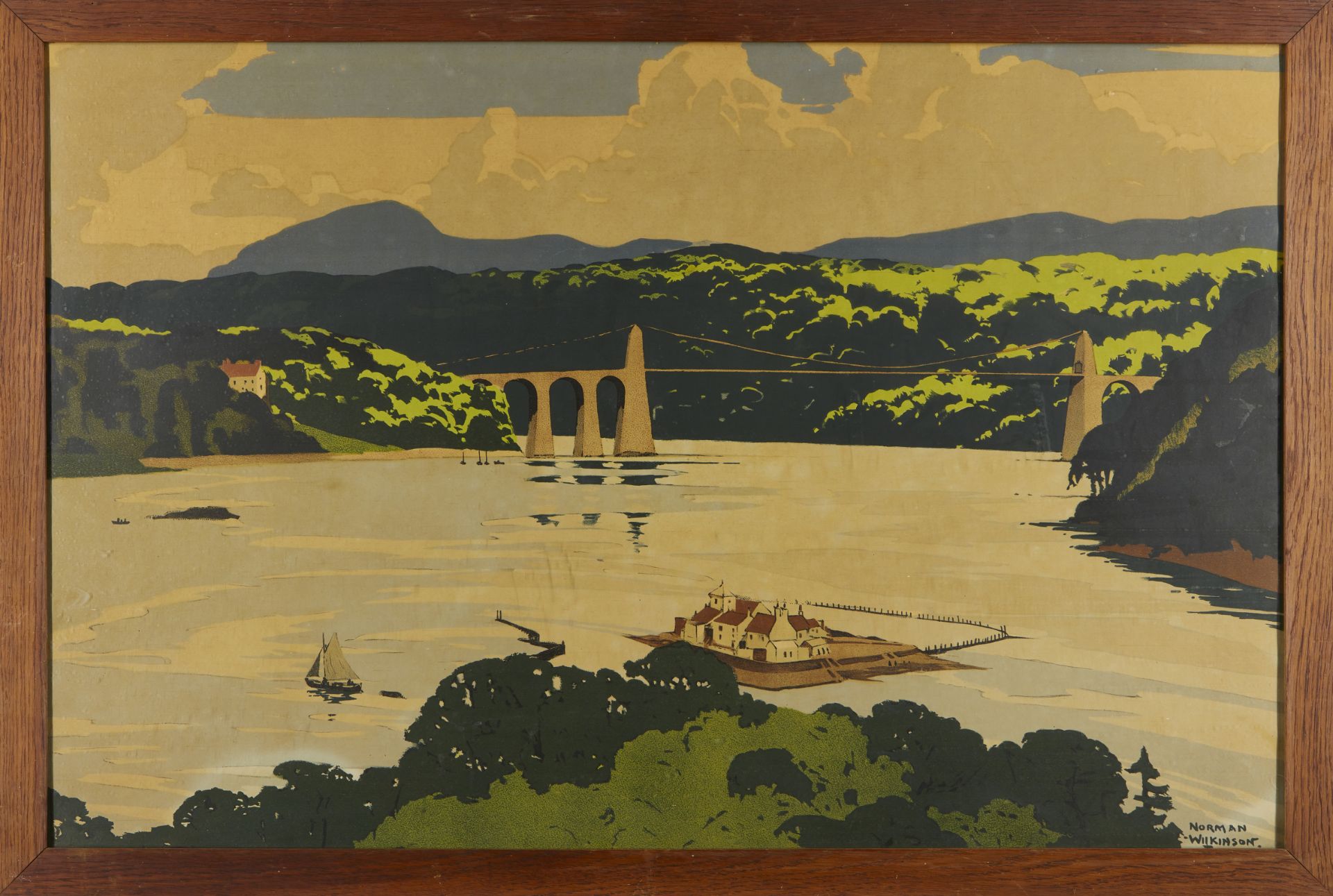 Norman Wilkinson, British 1878-1971,  Menai Straits from the Tubular Bridge; lithograph in colo... - Bild 2 aus 2