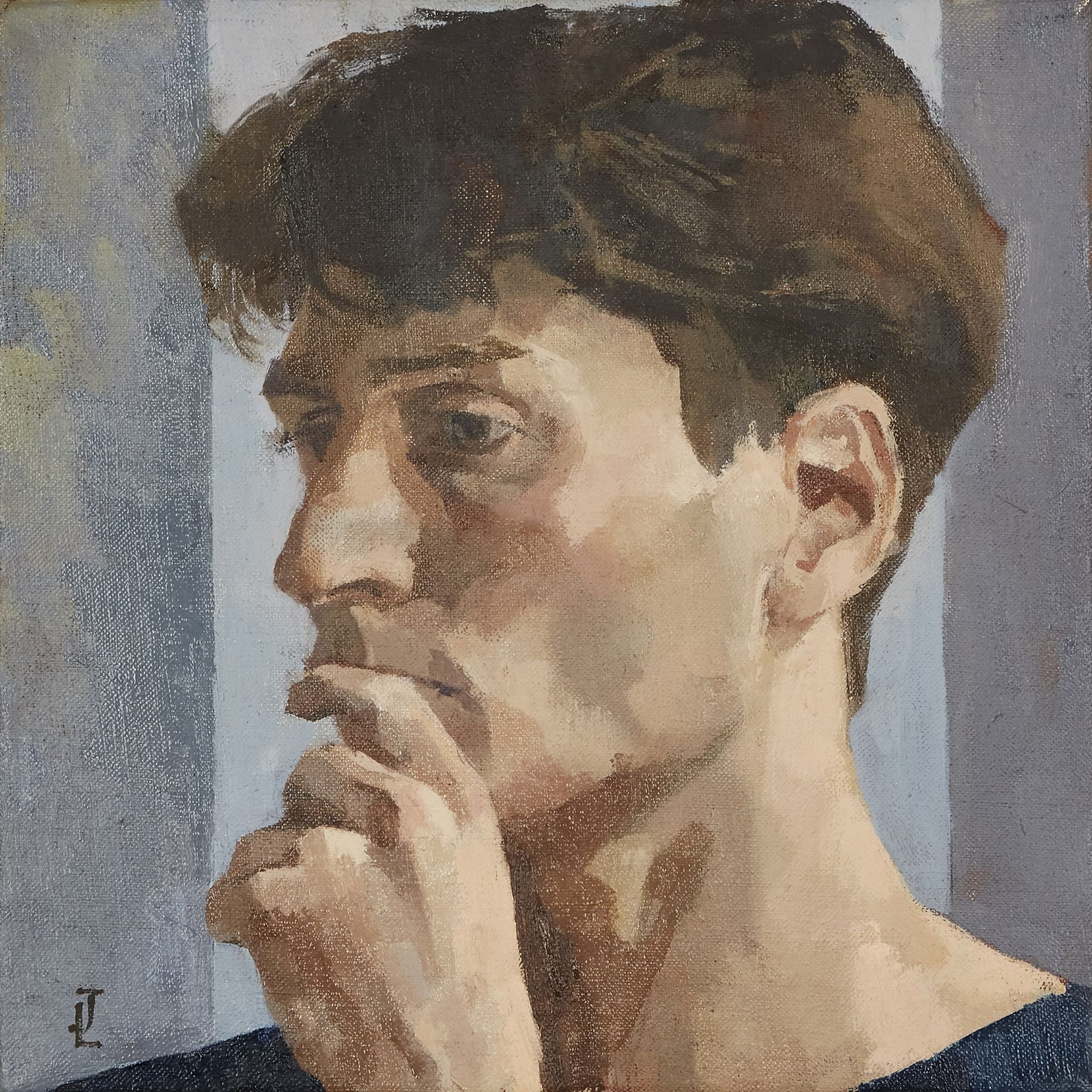 Jason Line,  British b.1965 -  Self-portrait, c.1990;  oil on canvas, signed with monogram lowe...