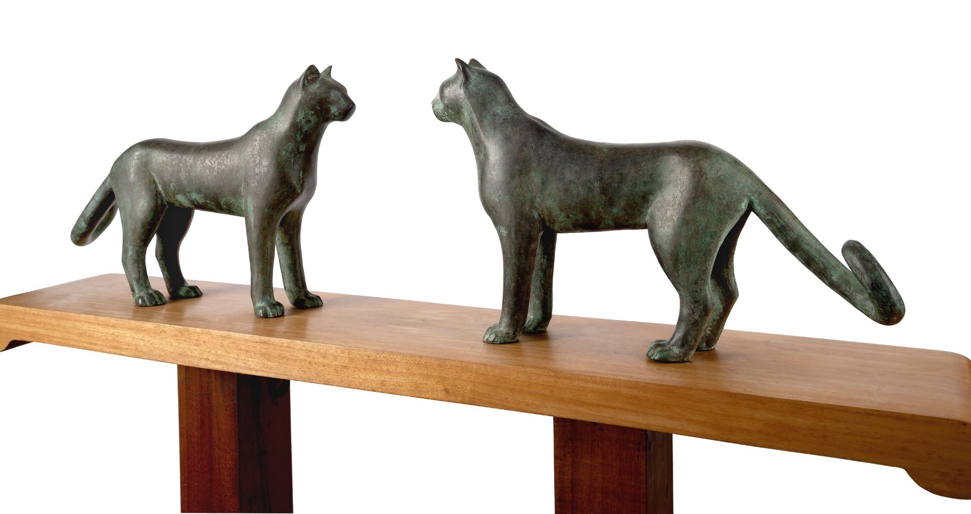 Gwynn Murrill, American b.1942 - Double Cats, 1982;  bronze with green patina on wooden base, s... - Image 2 of 2