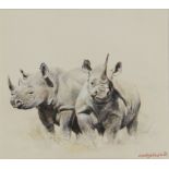 Mandy E. Shepherd,  British b.1960 -  Two Rhinos;  watercolour on paper, signed lower right 'Ma...