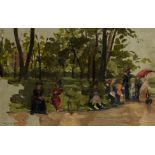 European School,  early-20th century -  Elegant figures seated by a track; oil on canvas, 27.2 ...