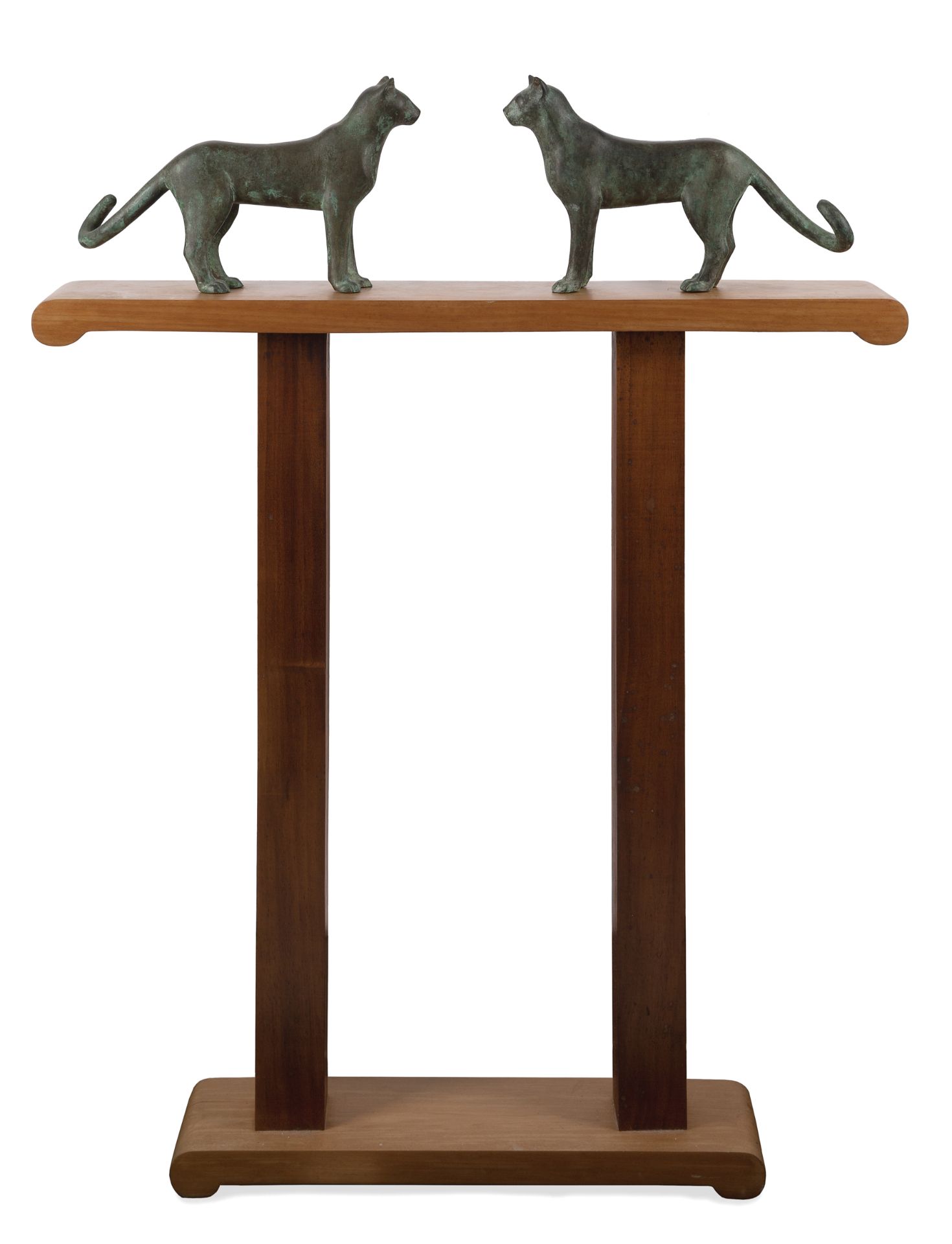 Gwynn Murrill, American b.1942 - Double Cats, 1982;  bronze with green patina on wooden base, s...