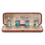 Cohen & Cohen  Boxed set of four menu holders depicting Dutch children, 1911 Silver, inlaid abal...