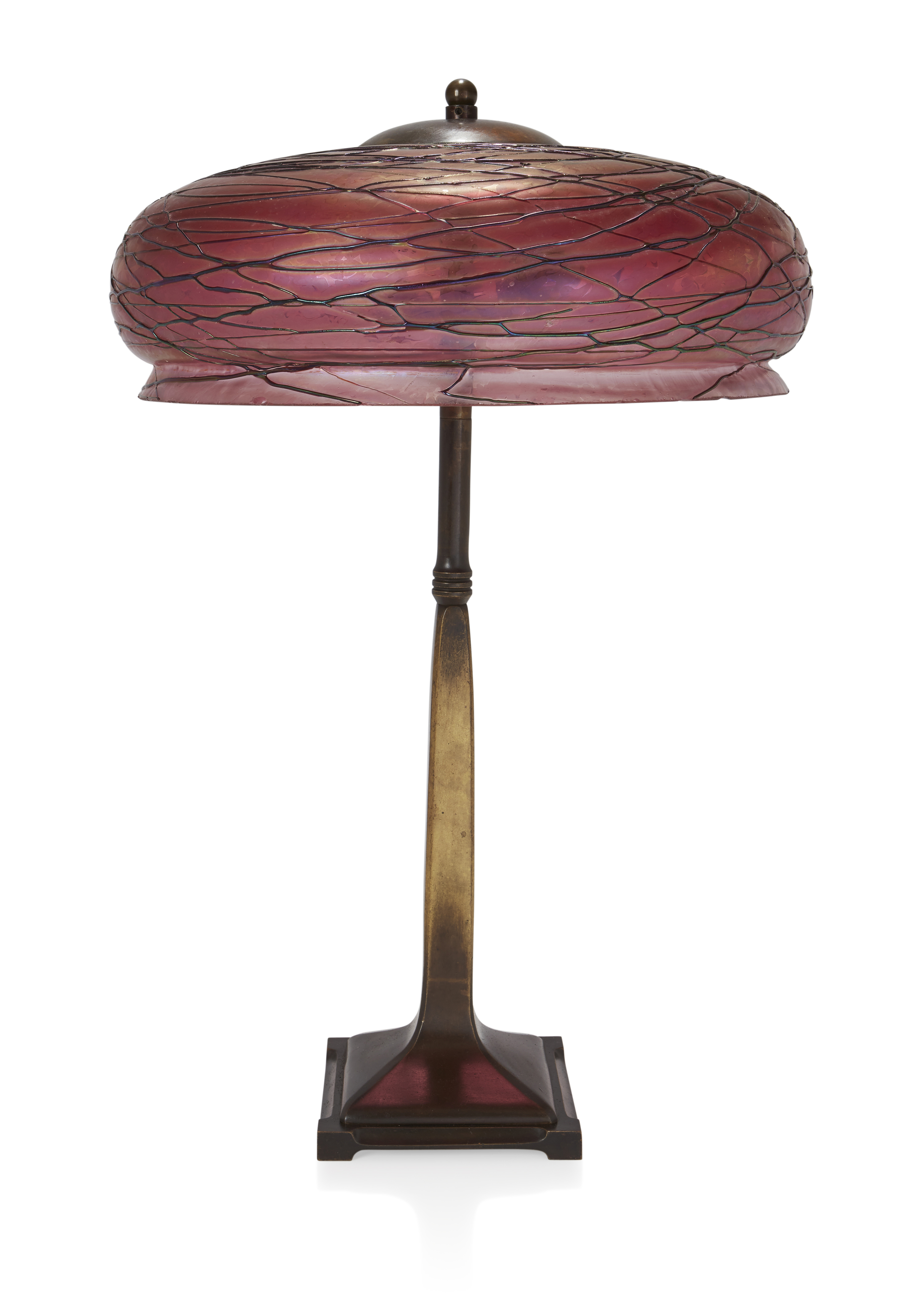 Attributed to Pallme Konig Art Nouveau table lamp with large domed shade in iridescent deep pink...