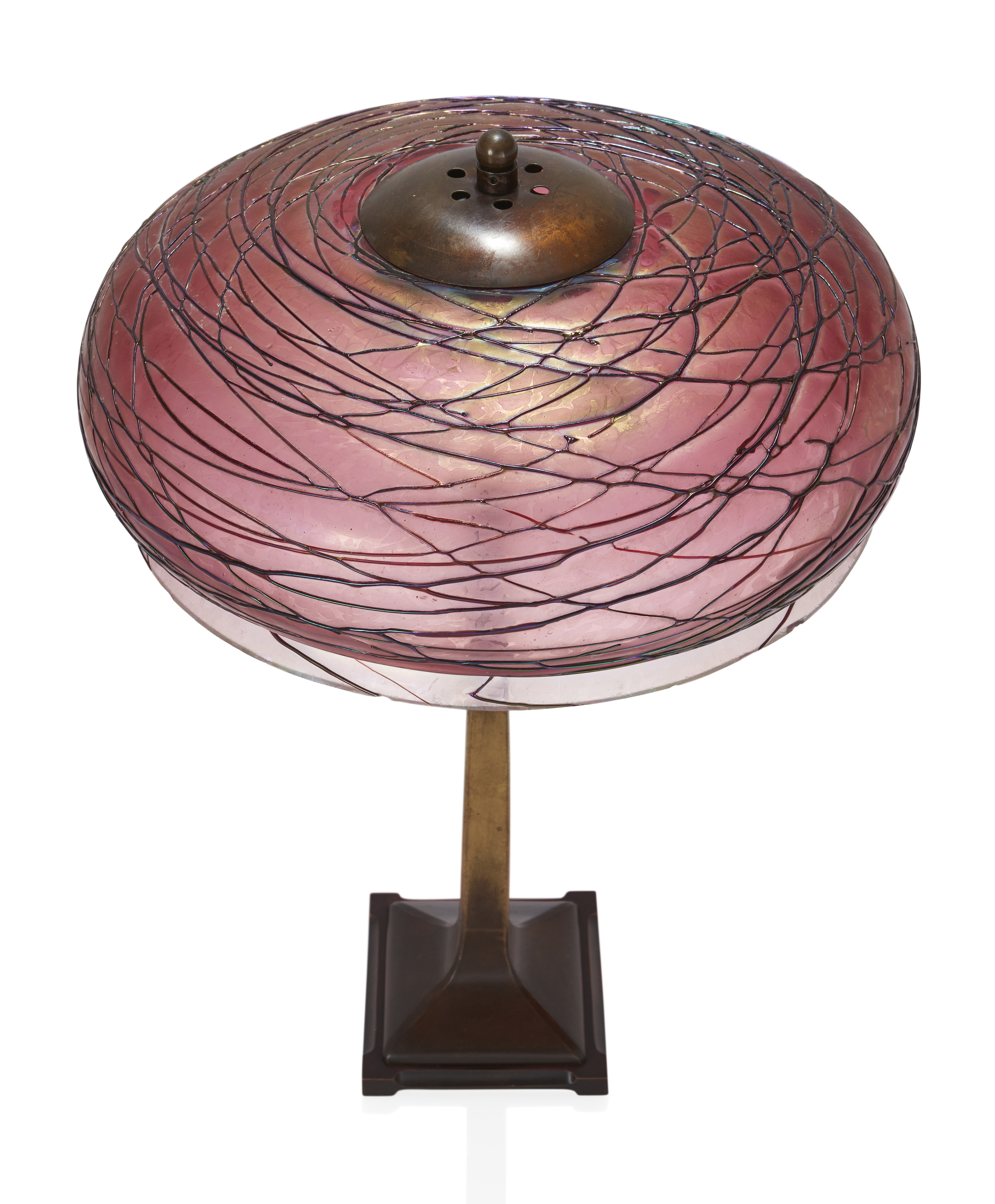 Attributed to Pallme Konig Art Nouveau table lamp with large domed shade in iridescent deep pink... - Image 2 of 3