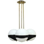 Lamperti Three light pendant light, c.1970 Enamelled metal, brass, glass 100cm high It is the b...