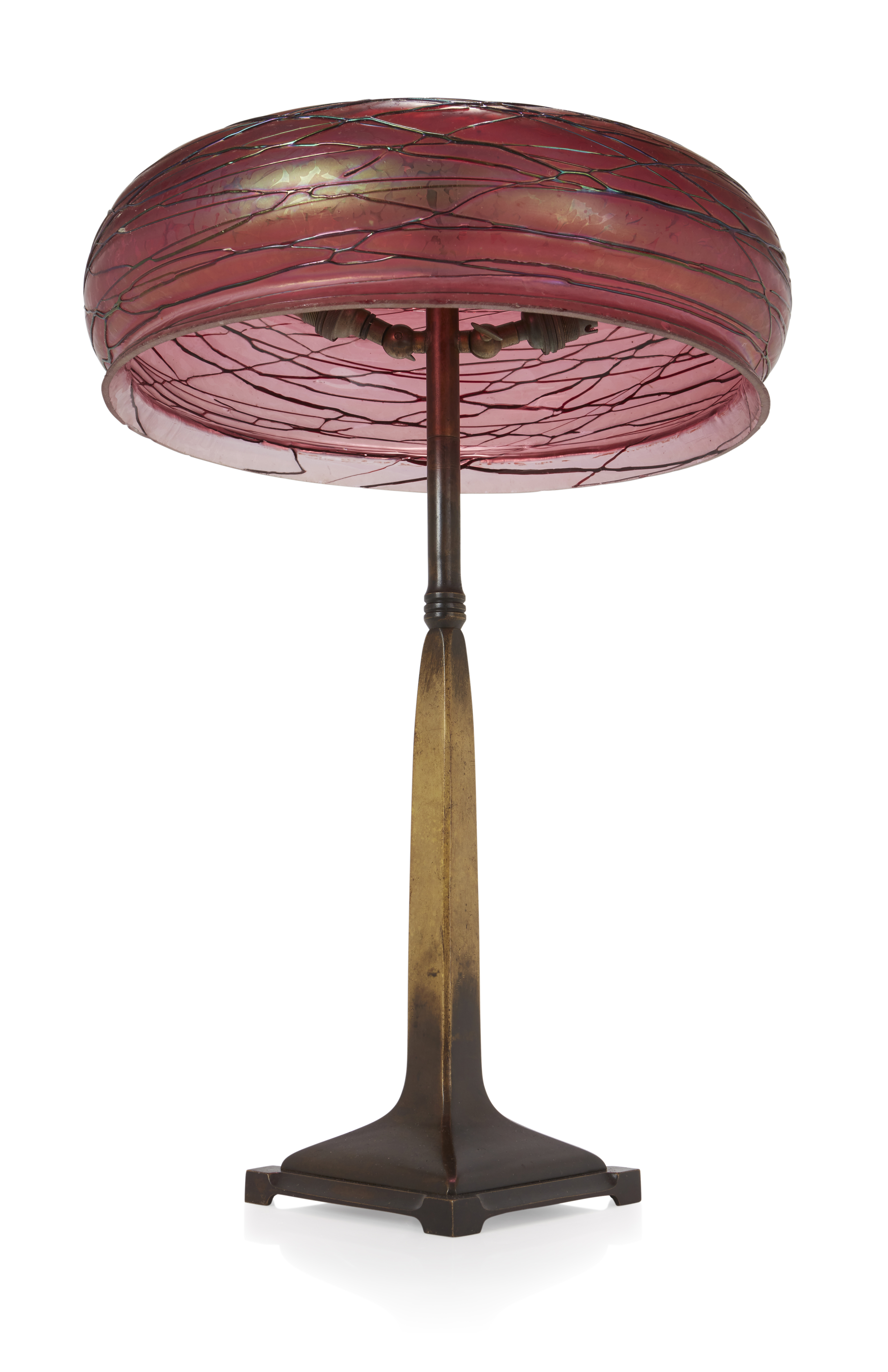 Attributed to Pallme Konig Art Nouveau table lamp with large domed shade in iridescent deep pink... - Image 3 of 3