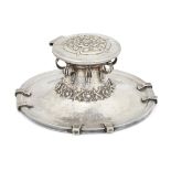 Omar Ramsden (1873-1939) Arts and Crafts Tudor rose and thorns inkwell with cover, 1920 Silver H...