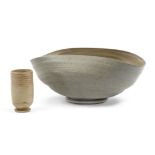 Studio Pottery Pale grey footed bowl with folded sides, and another miniature footed pot, late 2...