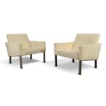 Jules Leleu (1883-1961) Pair of lounge chairs, circa 1960 Steel, brass, fabric upholstery One Ch...