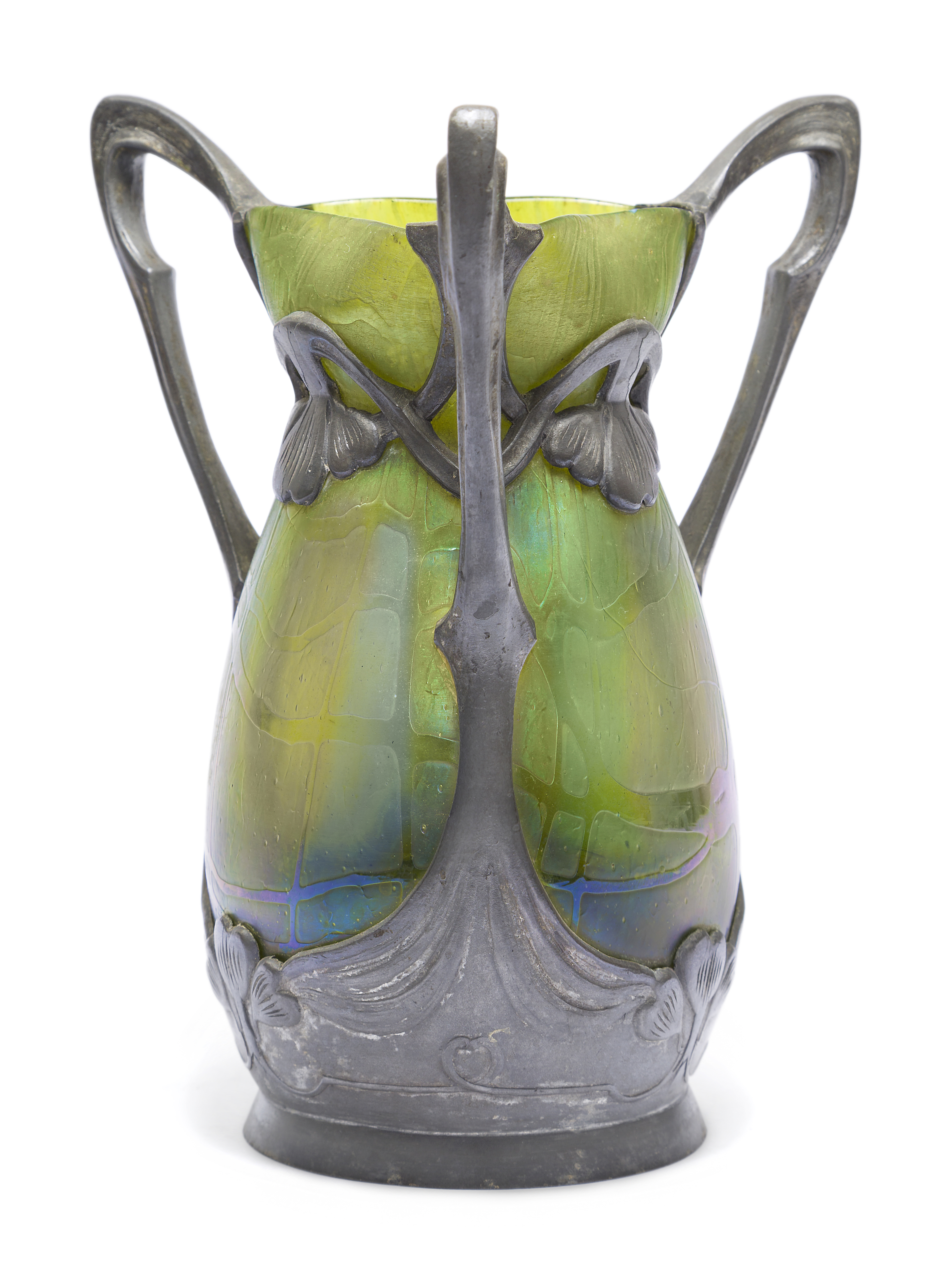 Bohemian/Austrian school Art Nouveau green iridescent glass vase with tri-handled pewter mounts,...