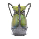 Bohemian/Austrian school Art Nouveau green iridescent glass vase with tri-handled pewter mounts,...