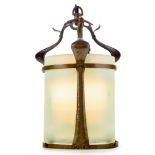 Manner of W.A.S. Benson Arts and Crafts hall ceiling lantern, circa 1900 Copper frame, cylindric...