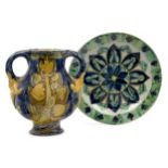 Jessie Sinclair and Gertrude Russell for Della Robbia Twin mask-handled jug in blue and yellow w...