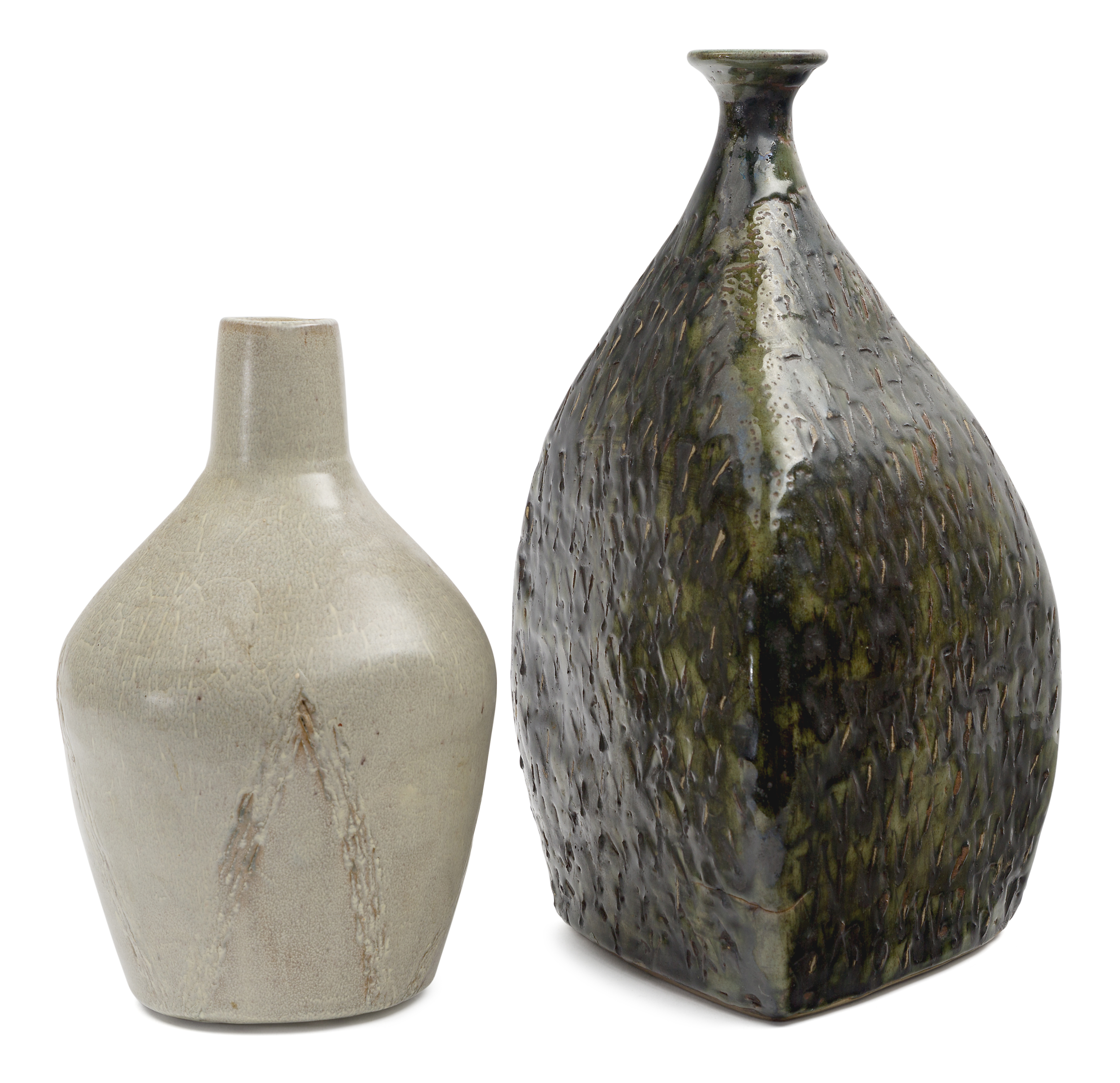 Studio Pottery Bottle vase in grey on cream glaze with incised geometric design, and a green tri...