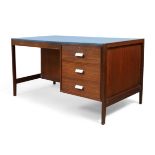 British Kneehole desk, circa 1960 Afromosia, steel, vinyl 75cm high, 141cm wide, 76cm deep Prov...