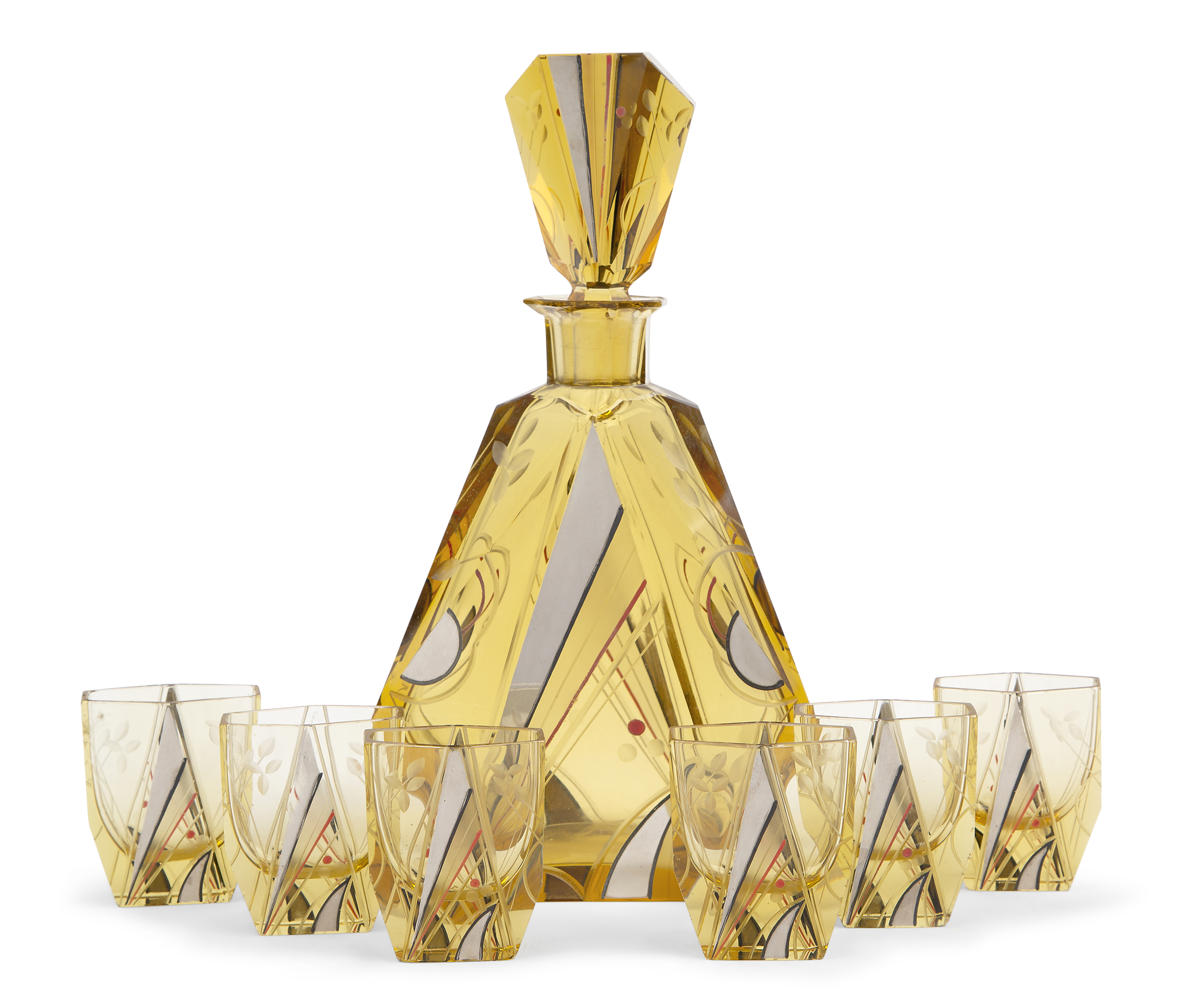 Art Deco glass Art Deco Czech glass decanter and six hexagonal glasses with geometric decoration...