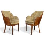 Attributed to Harry & Lou Epstein Pair of Art Deco 'Cloud' armchairs, circa 1935 Walnut, velvet ...