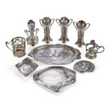 WMF Various metalware; Two card trays, one with a maiden (no. 454) and one a couple kissing (no....