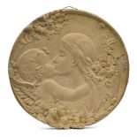 Ernst Wahliss (1836-1950) Wall plaque moulded with a mother and child surrounded by flowers, cir...