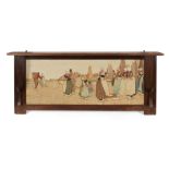 Liberty & Co Arts & Crafts overmantle shelf containing lithographic print of a Dutch village sce...