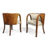 Art Deco Pair of armchairs, circa 1930 Walnut, silk and velvet upholstery Each 76cm high, 54cm w...