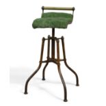 C.H Hare Adjustable music stool, circa 1880 Steel, brass, fabric upholstery Cast mark to frame '...