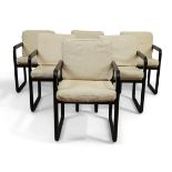 Rosenthal Six 'Dona' chairs, circa 1980 Ebonised wood, upholstered cushions Each with printed ma...