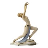 Elly Strobach (1908-2002) for Royal Dux Art Deco figure of a female dancer with arms raised, cir...