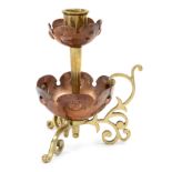 Manner of W.A.S. Benson Arts and Crafts chamberstick, circa 1890 Copper petals, brass mount and ...