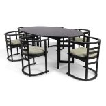 Manner of Josef Hoffmann Extending dining table and six chairs, circa 1980 Ebonised wood, uphols...