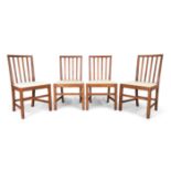 Attributed to Edward Barnsley Set of four dining chairs, circa 1940/50 Oak, fabric All chairs wi...