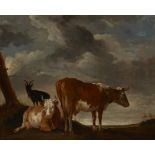 Manner of Paulus Potter,  Dutch, 18th century-  A landscape with two cows and a goat;  oil on p...