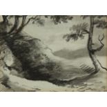 Dr Thomas Monro,  British 1759-1833-  A hilly landscape with trees;  black chalk and grey wash ...